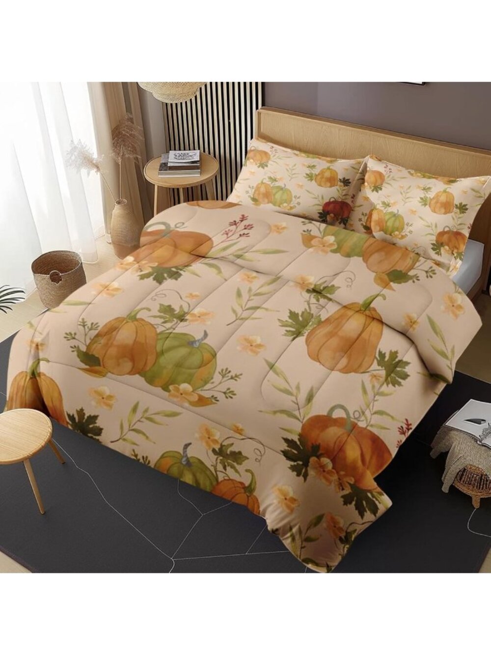 Cozy King Comforter Set of 3 - Fall Pumpkin Bedroom Decor, Autumn Vibes